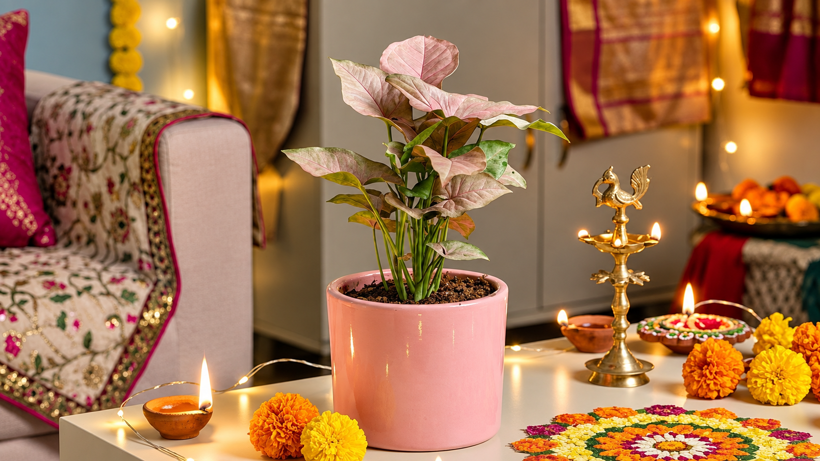 Syngonium Pixie Green in a pink ceramic pot, Diwali plant gift